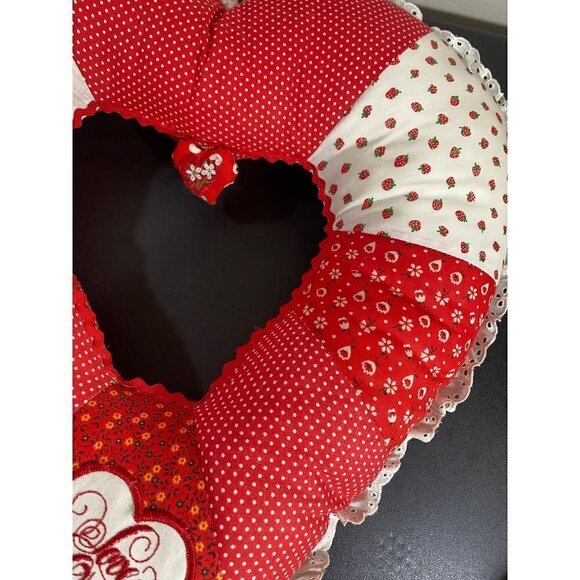Vintage Handmade Patchwork Heart Pillow Strawberries Patch Love Ruffles 17” - Picture 4 of 9
